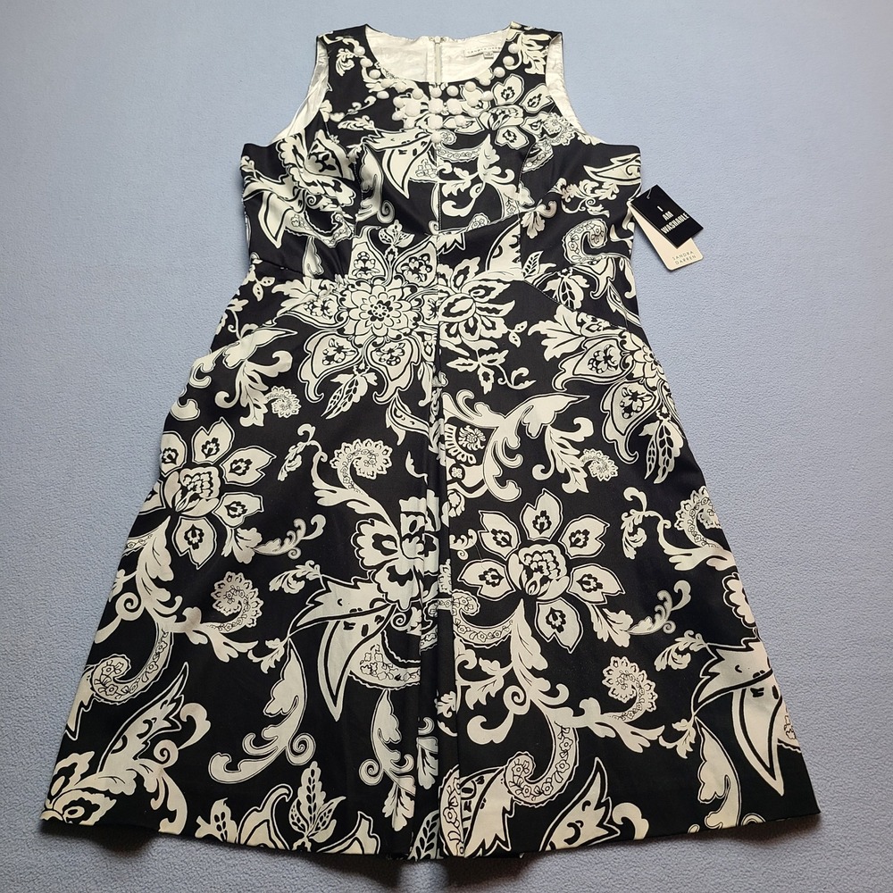 Sandra Darren Fit Flare Dress Womens 12 Black White New Floral Beaded Sleeveless - Picture 1 of 8